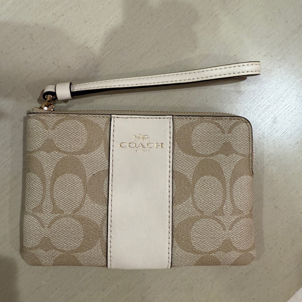 Coach Signature Light Khaki and Chalk Zip Wristlet